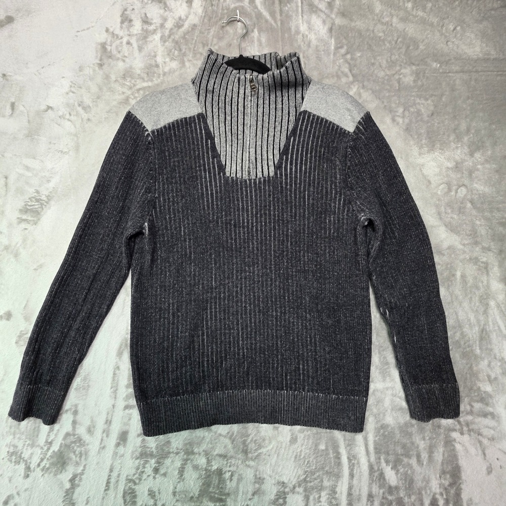 INC International Concepts Mens Charcoal Gray Ribbed 1/4 Zip Cotton Sweater L